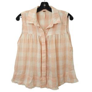 Free People Sleeveless Top Womens S Tank Pink White Check Hidden Button Front